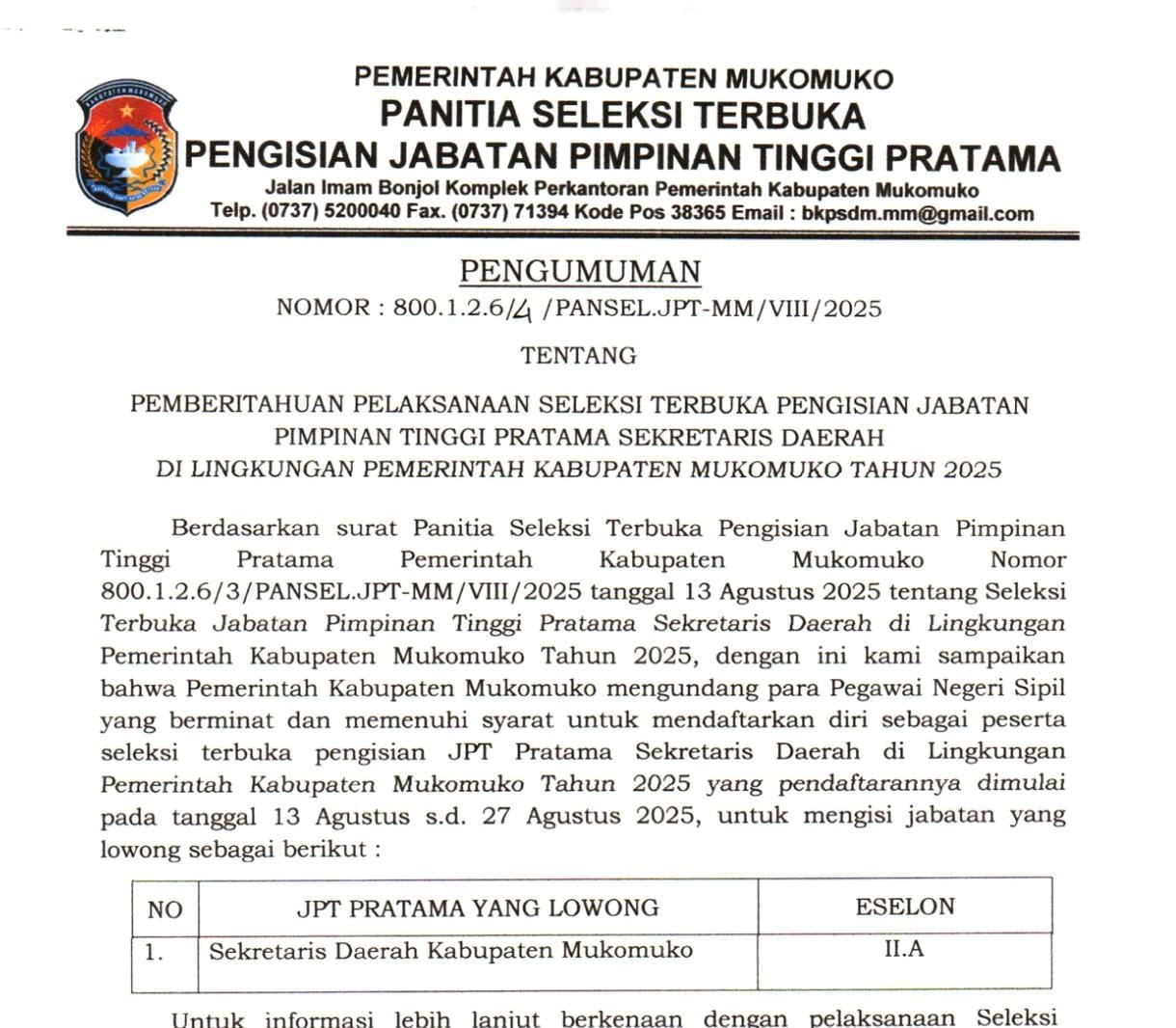 Pemkab Mukomuko Resmi Buka Pendaftaran Lelang Jabatan Sekda, Syaratnya Disini