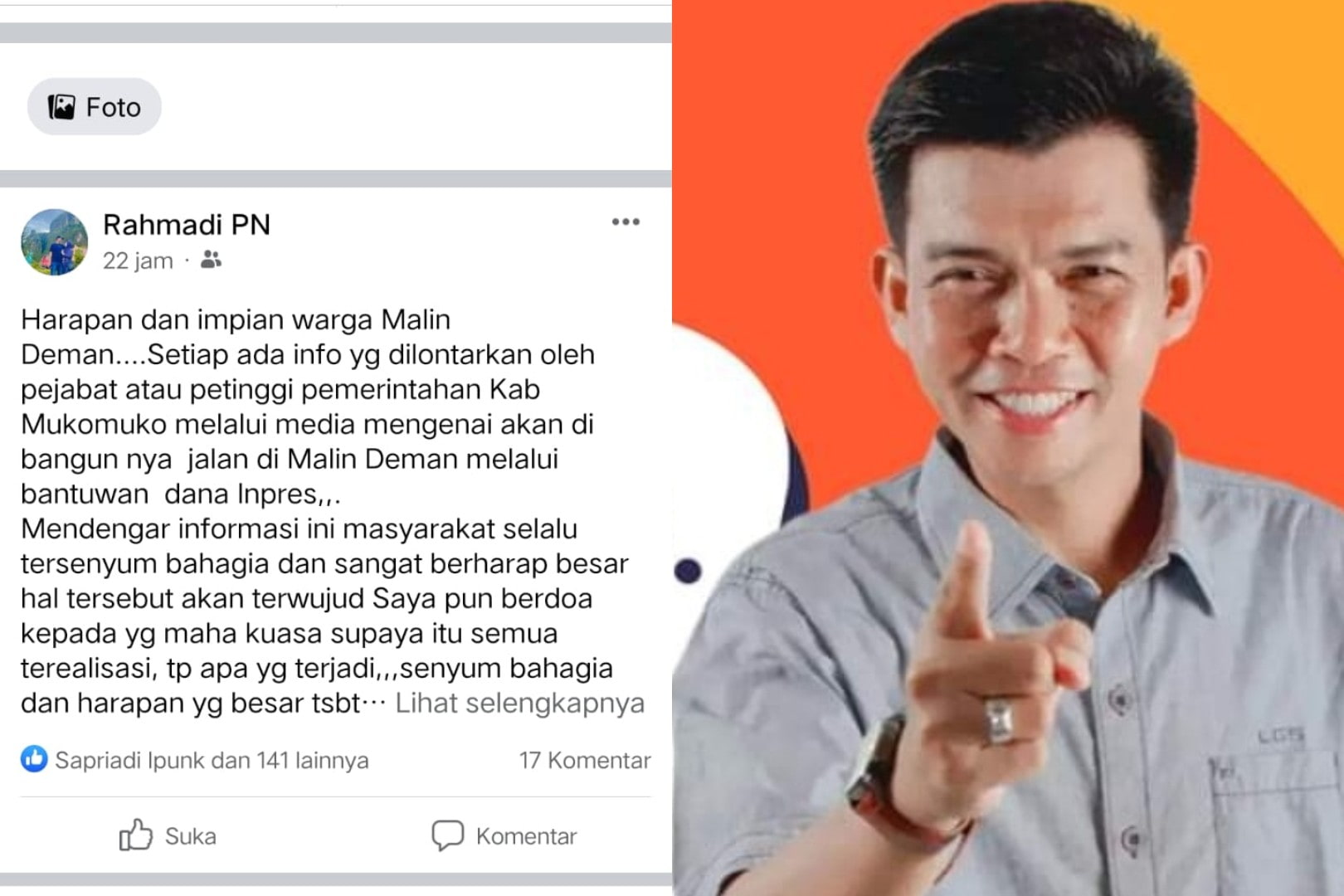 Postingan Mantan Cawabup Mukomuko Terkait Dana Inpres Bikin Kesal Masyarakat, Diduga Bernuansa Provokatif