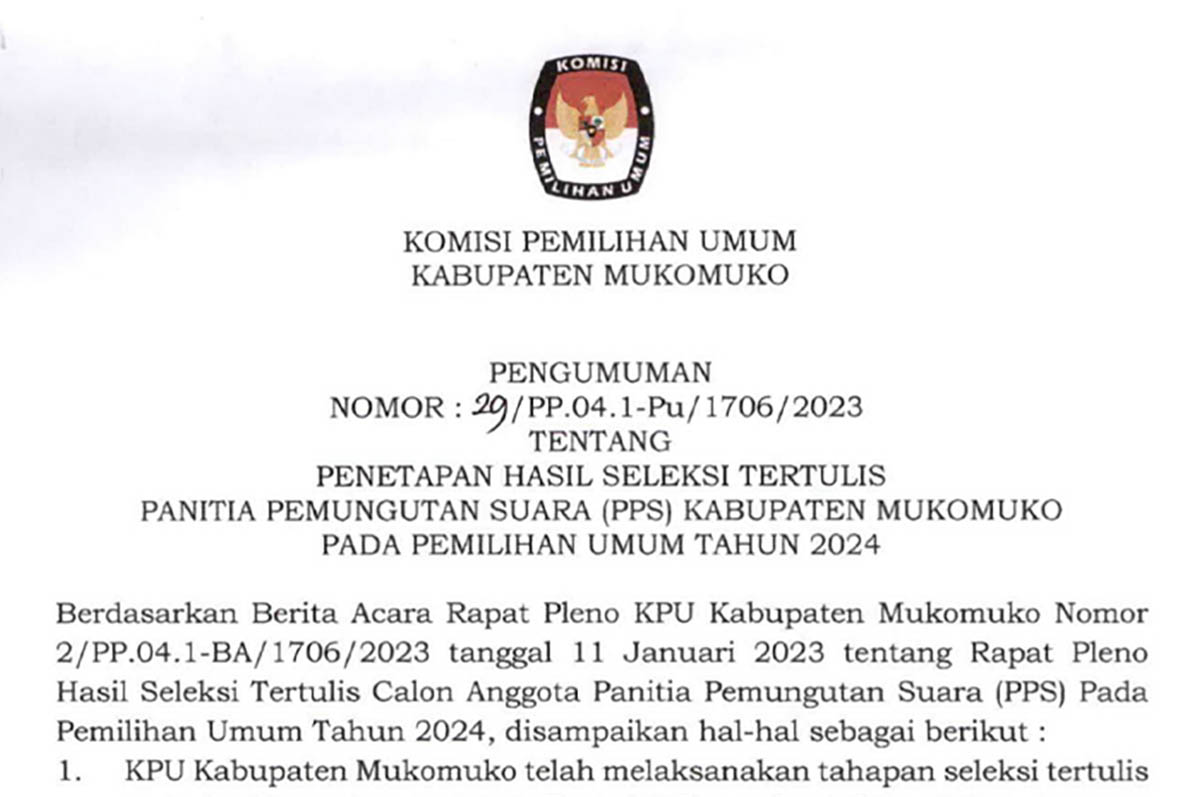 Hasil Tes Tertulisnya PPS KPU Mukomuko Pemilu 2024, Ini Daftar Lengkapnya