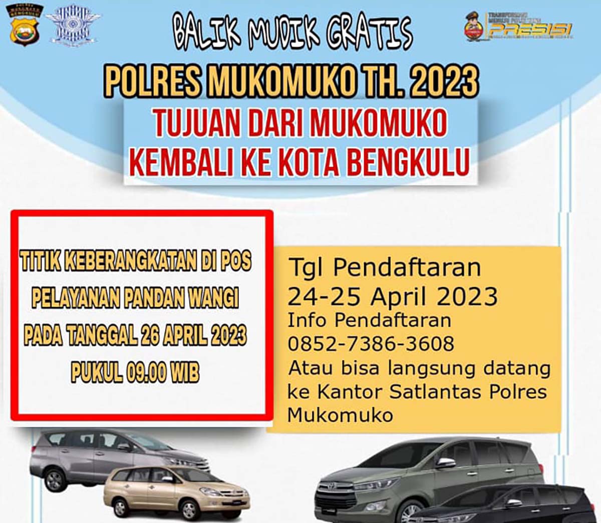 Mudik Gratis, Rute Mukomuko-Bengkulu Ongkos Travel Ditanggung Polres, Segera Pesan Sebelum Jam Ini