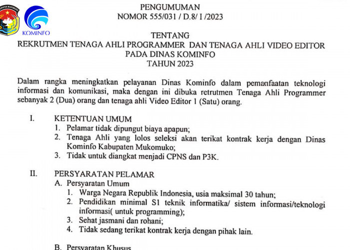 Dinas Kominfo Buka Lowongan Kerja, Ayo Buruan Mendaftar, Ini Syarat dan Ketentuannya