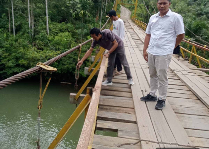 Camat Selagan Raya Tinjau Jembatan Gantung Rusak, Pasang Tanda Bahaya